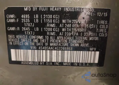 2016 Subaru Outback 2.5I from USA, damaged, VIN 4S4BSAAC4G3266868